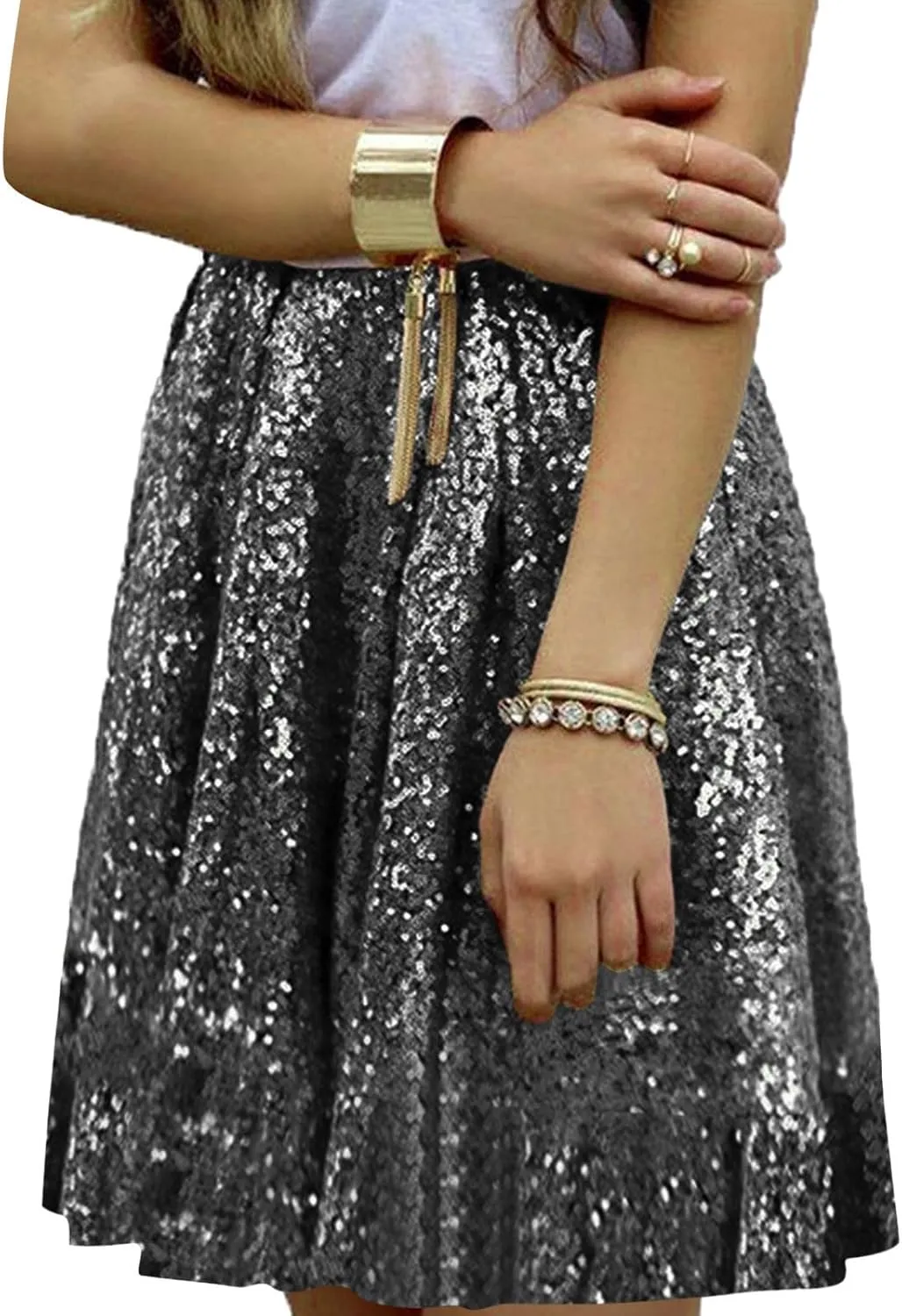 Women's Sequin Skirt Sparkle Stretchy Birthday Cake Skirt Puffy Skirt Mini Skirts with Belt Club Night Silver