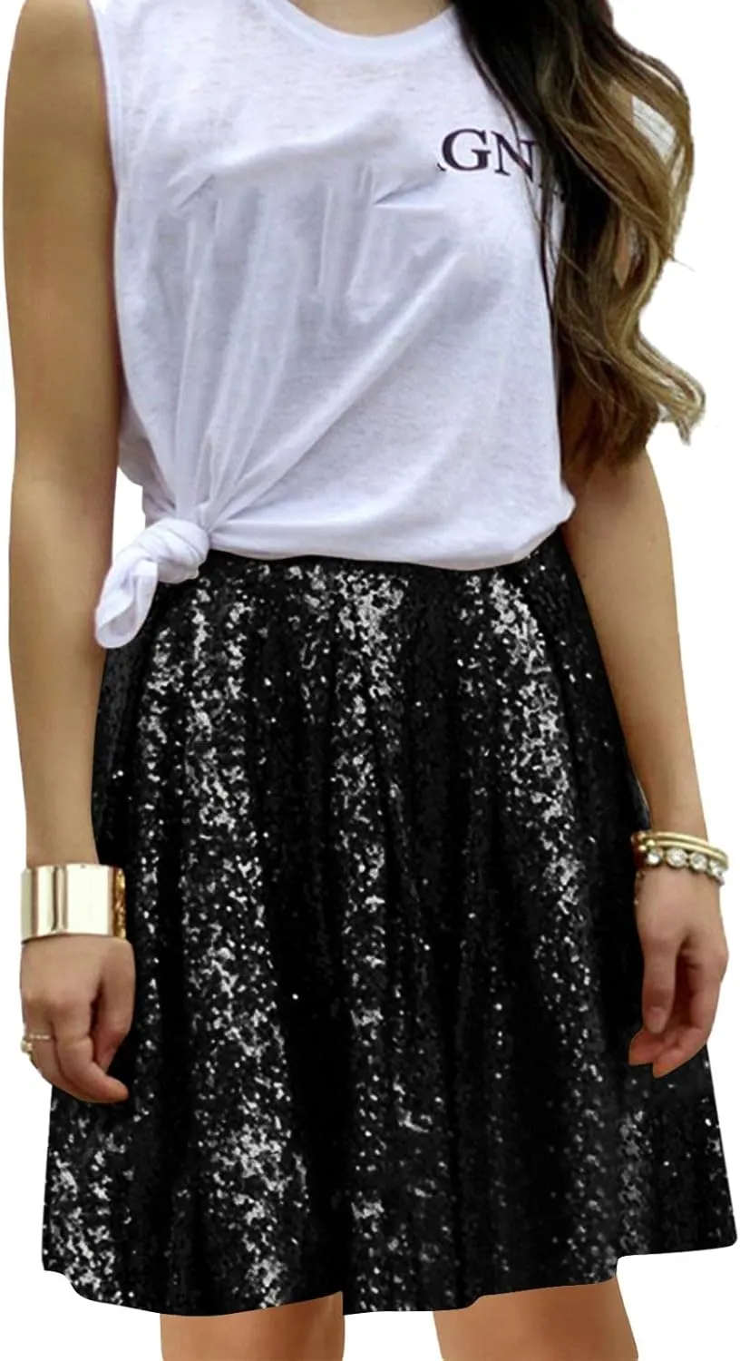 Women's Sequin Skirt Sparkle Stretchy Birthday Cake Skirt Puffy Skirt Mini Skirts with Belt Club Night Silver