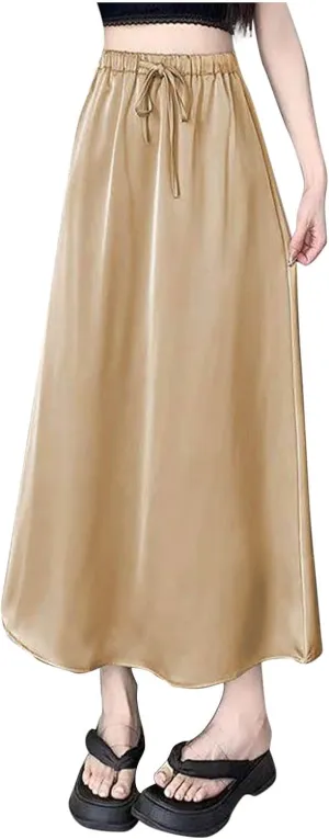 Women's Silk Satin Long Skirt, High Waisted Tie Drawstring A-Line Skirts Summer Going Out Casual Trendy Clothes