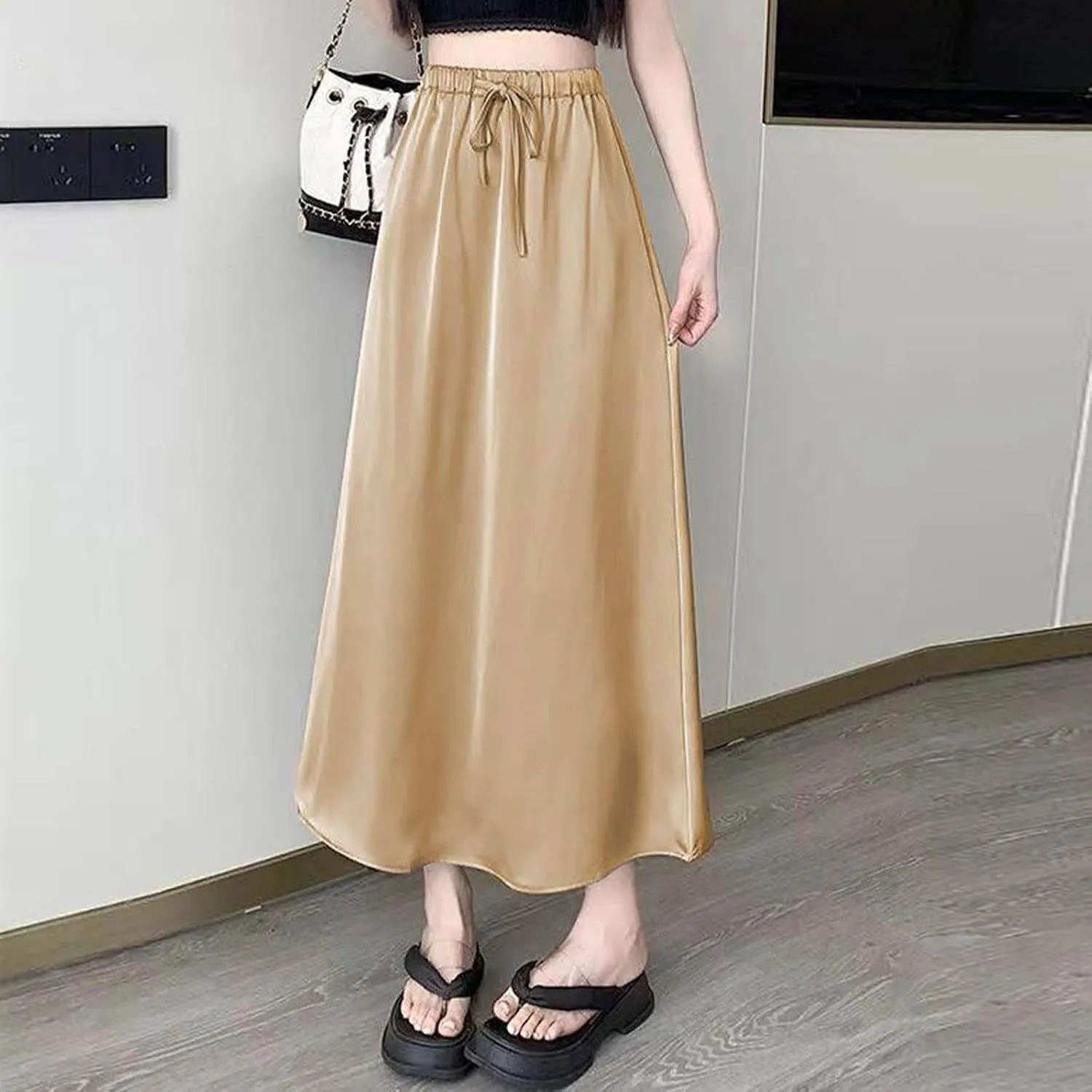Women's Silk Satin Long Skirt, High Waisted Tie Drawstring A-Line Skirts Summer Going Out Casual Trendy Clothes