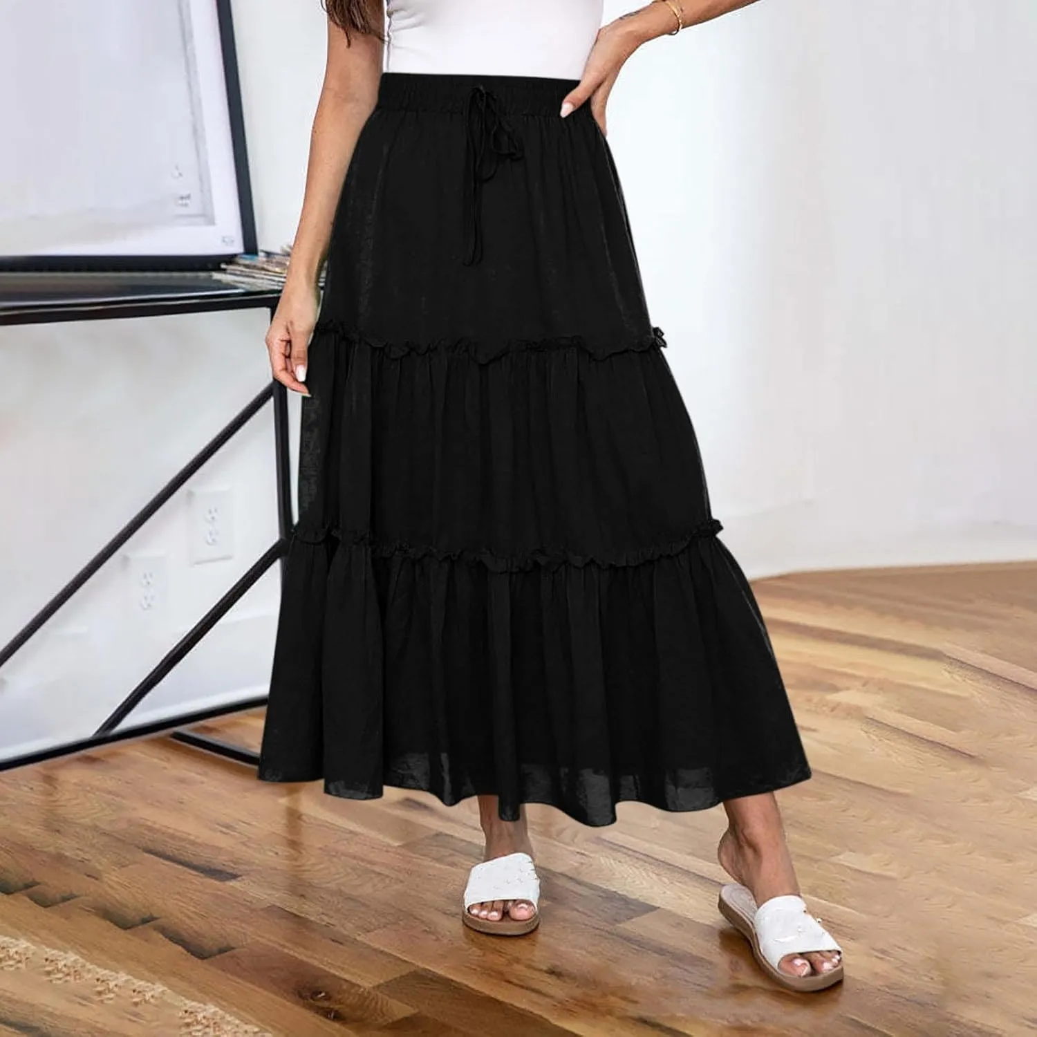 Women's Skirts Beach Vacation Tiered Ruffle Swing A Line Skirts Elastic Waist Drawstring Summer Flowy Maxi Skirt