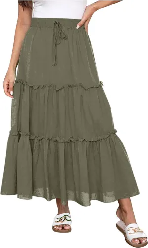 Women's Skirts Beach Vacation Tiered Ruffle Swing A Line Skirts Elastic Waist Drawstring Summer Flowy Maxi Skirt
