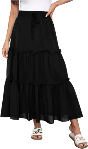 Women's Skirts Beach Vacation Tiered Ruffle Swing A Line Skirts Elastic Waist Drawstring Summer Flowy Maxi Skirt
