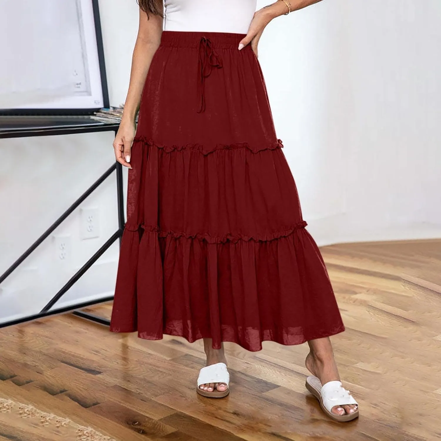 Women's Skirts Beach Vacation Tiered Ruffle Swing A Line Skirts Elastic Waist Drawstring Summer Flowy Maxi Skirt