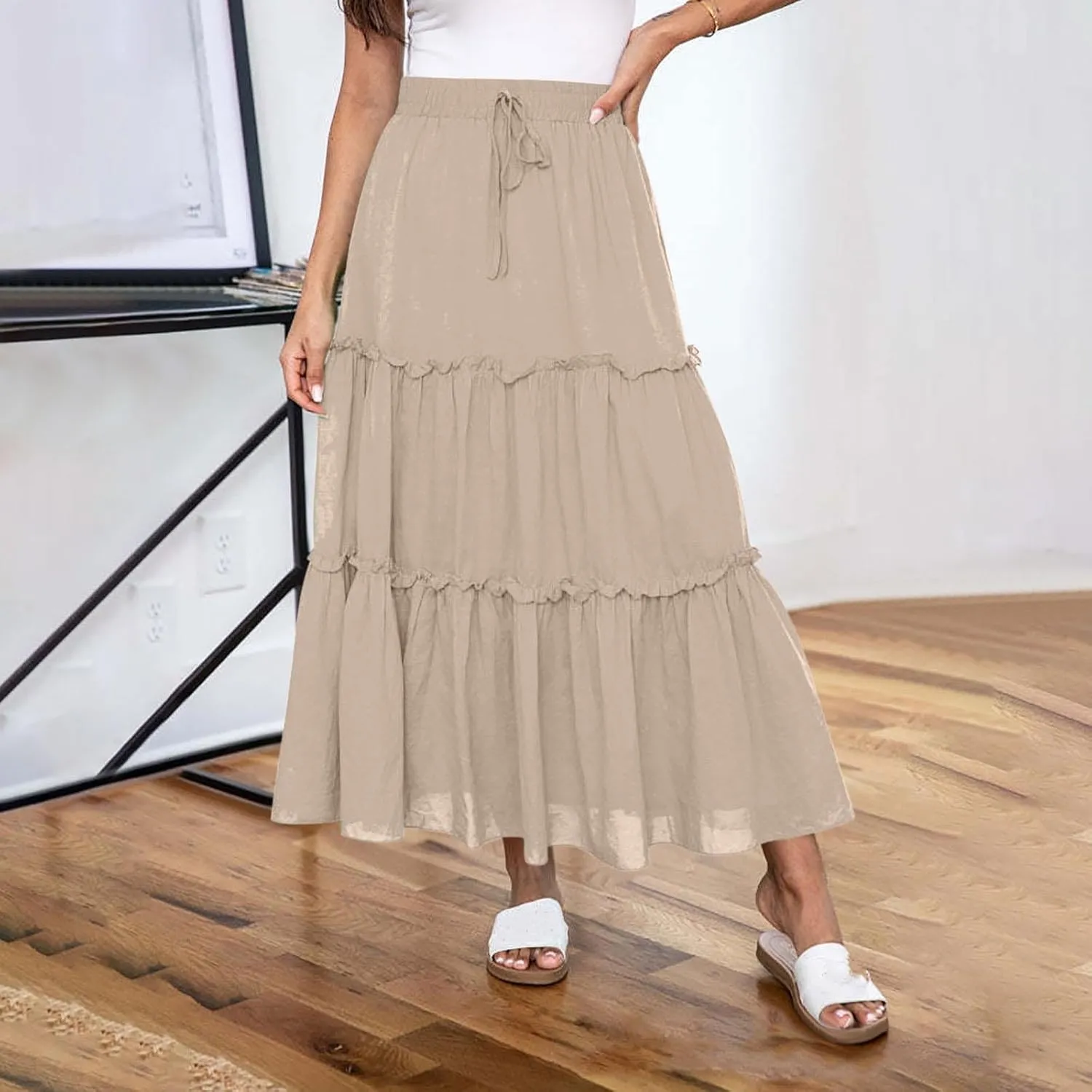 Women's Skirts Beach Vacation Tiered Ruffle Swing A Line Skirts Elastic Waist Drawstring Summer Flowy Maxi Skirt