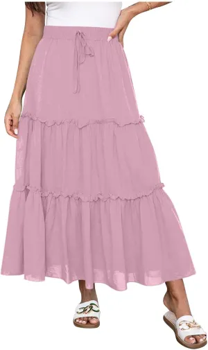Women's Skirts Beach Vacation Tiered Ruffle Swing A Line Skirts Elastic Waist Drawstring Summer Flowy Maxi Skirt