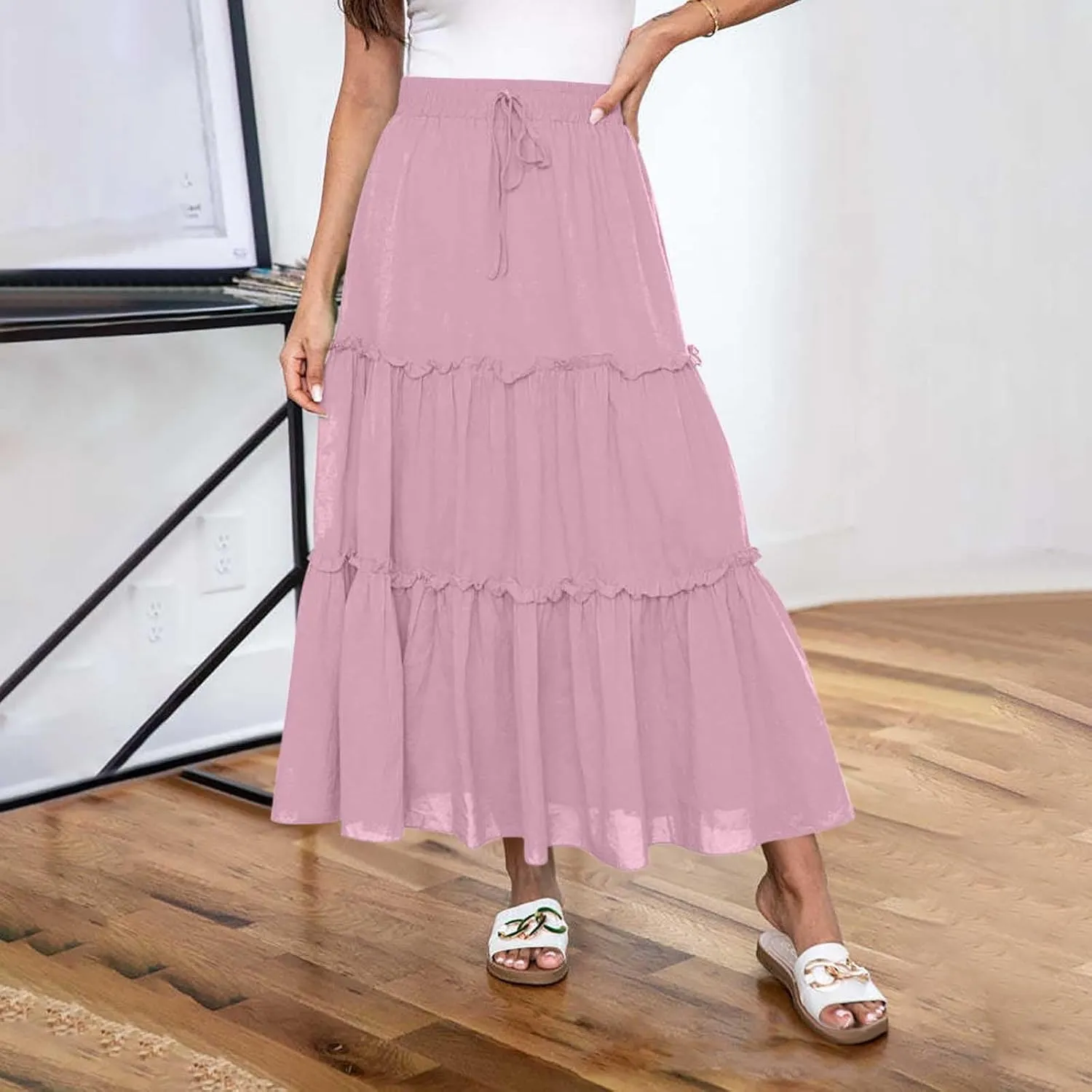 Women's Skirts Beach Vacation Tiered Ruffle Swing A Line Skirts Elastic Waist Drawstring Summer Flowy Maxi Skirt