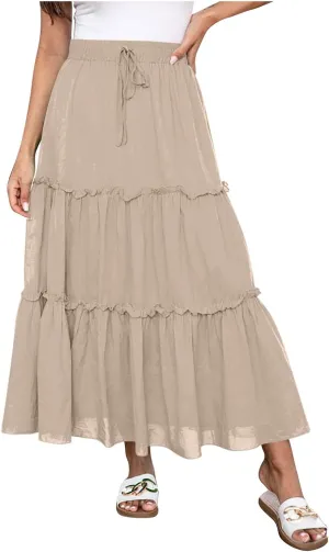 Women's Skirts Beach Vacation Tiered Ruffle Swing A Line Skirts Elastic Waist Drawstring Summer Flowy Maxi Skirt