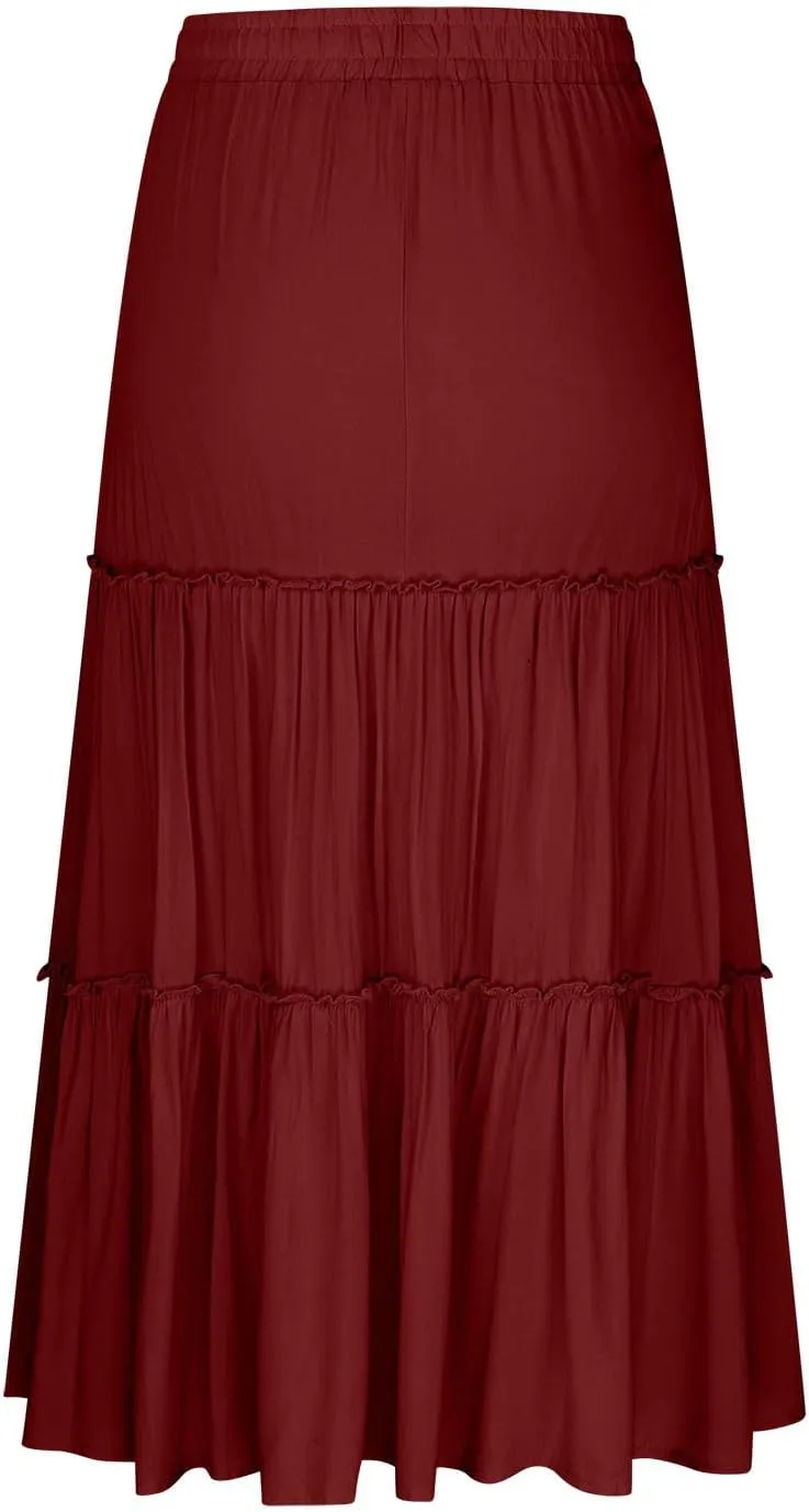 Women's Skirts Beach Vacation Tiered Ruffle Swing A Line Skirts Elastic Waist Drawstring Summer Flowy Maxi Skirt