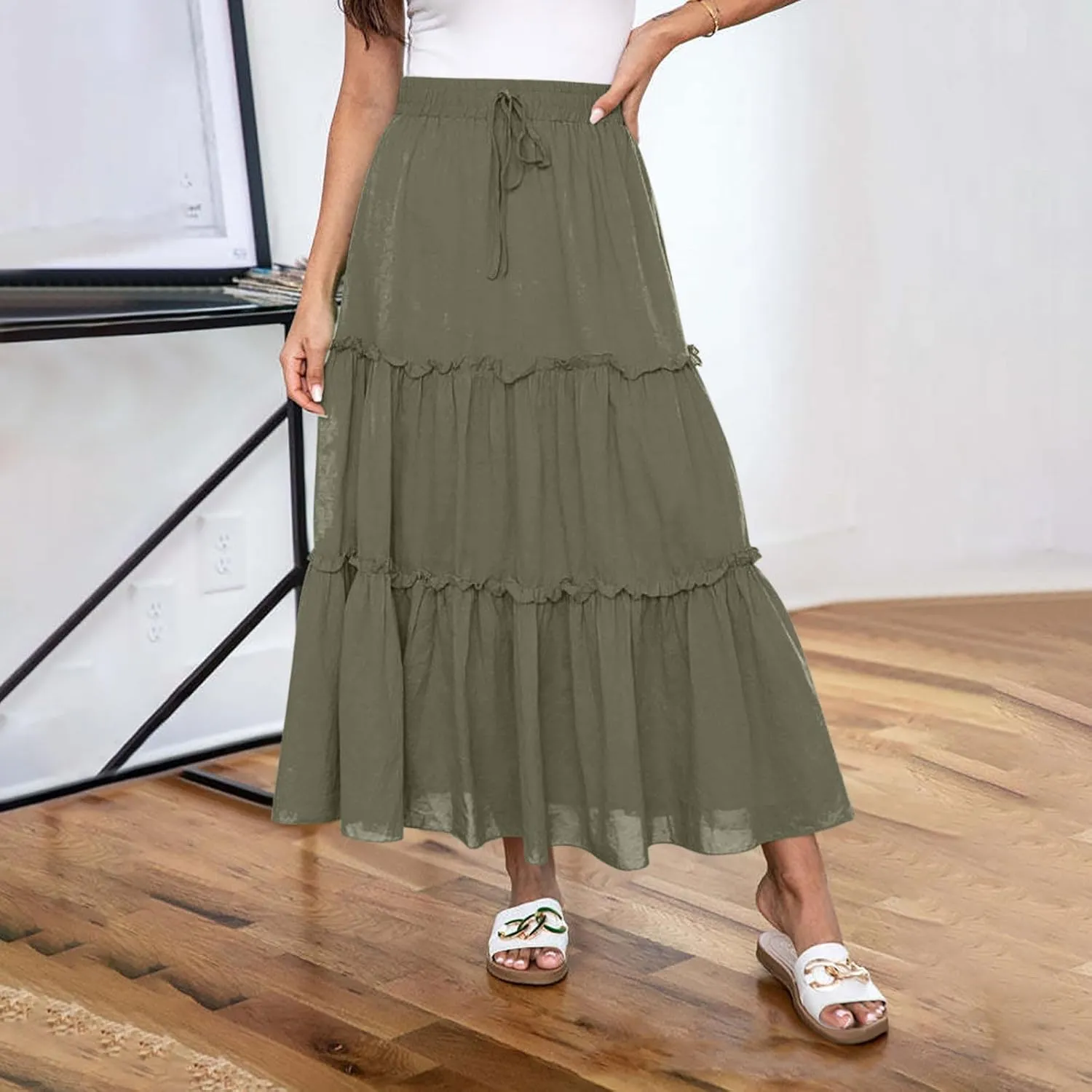 Women's Skirts Beach Vacation Tiered Ruffle Swing A Line Skirts Elastic Waist Drawstring Summer Flowy Maxi Skirt
