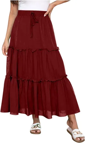 Women's Skirts Beach Vacation Tiered Ruffle Swing A Line Skirts Elastic Waist Drawstring Summer Flowy Maxi Skirt