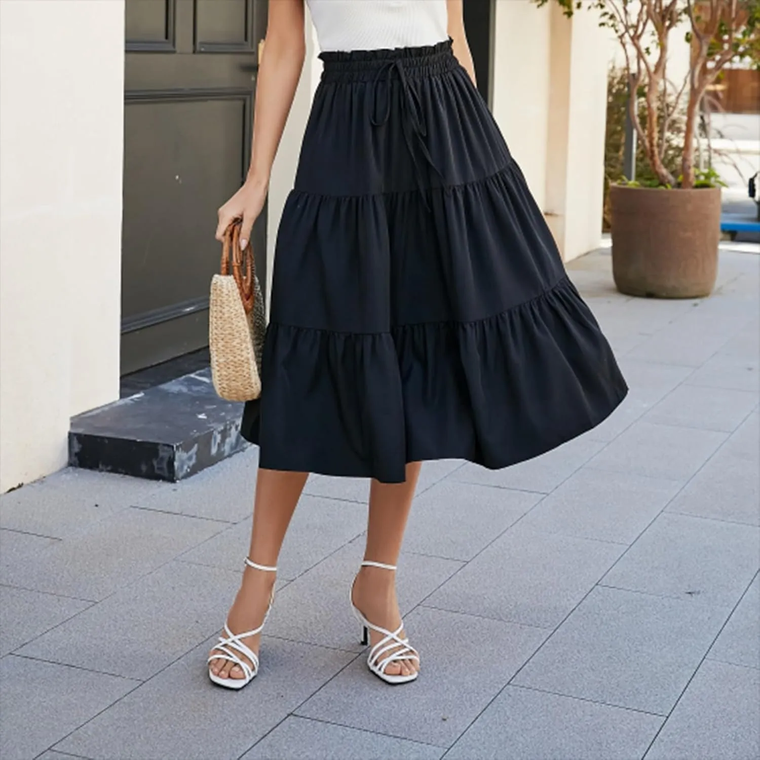 Womens Skirts Midi Length Floral Tiered Skirt Drawstring Summer Pleated Flowy Vacation A Line Skirt with Pockets