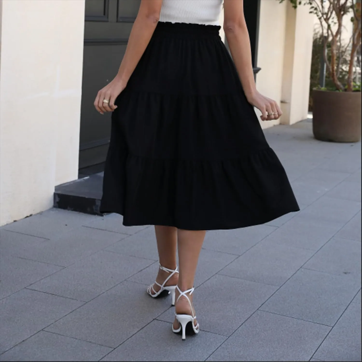 Womens Skirts Midi Length Floral Tiered Skirt Drawstring Summer Pleated Flowy Vacation A Line Skirt with Pockets