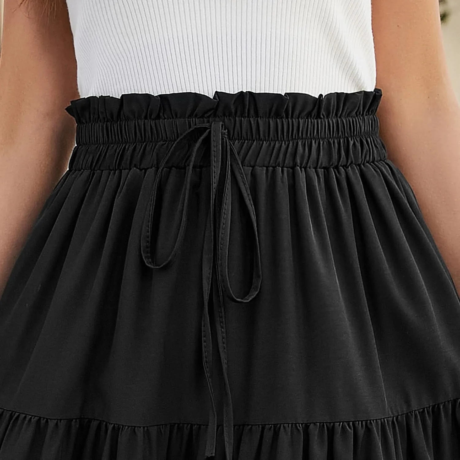 Womens Skirts Midi Length Floral Tiered Skirt Drawstring Summer Pleated Flowy Vacation A Line Skirt with Pockets