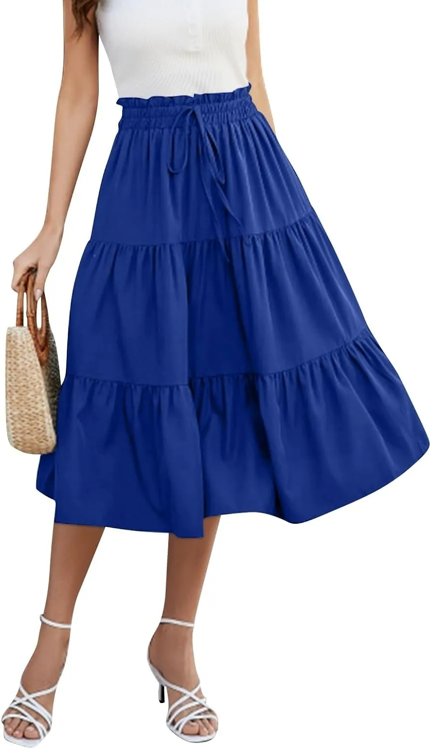 Womens Skirts Midi Length Floral Tiered Skirt Drawstring Summer Pleated Flowy Vacation A Line Skirt with Pockets