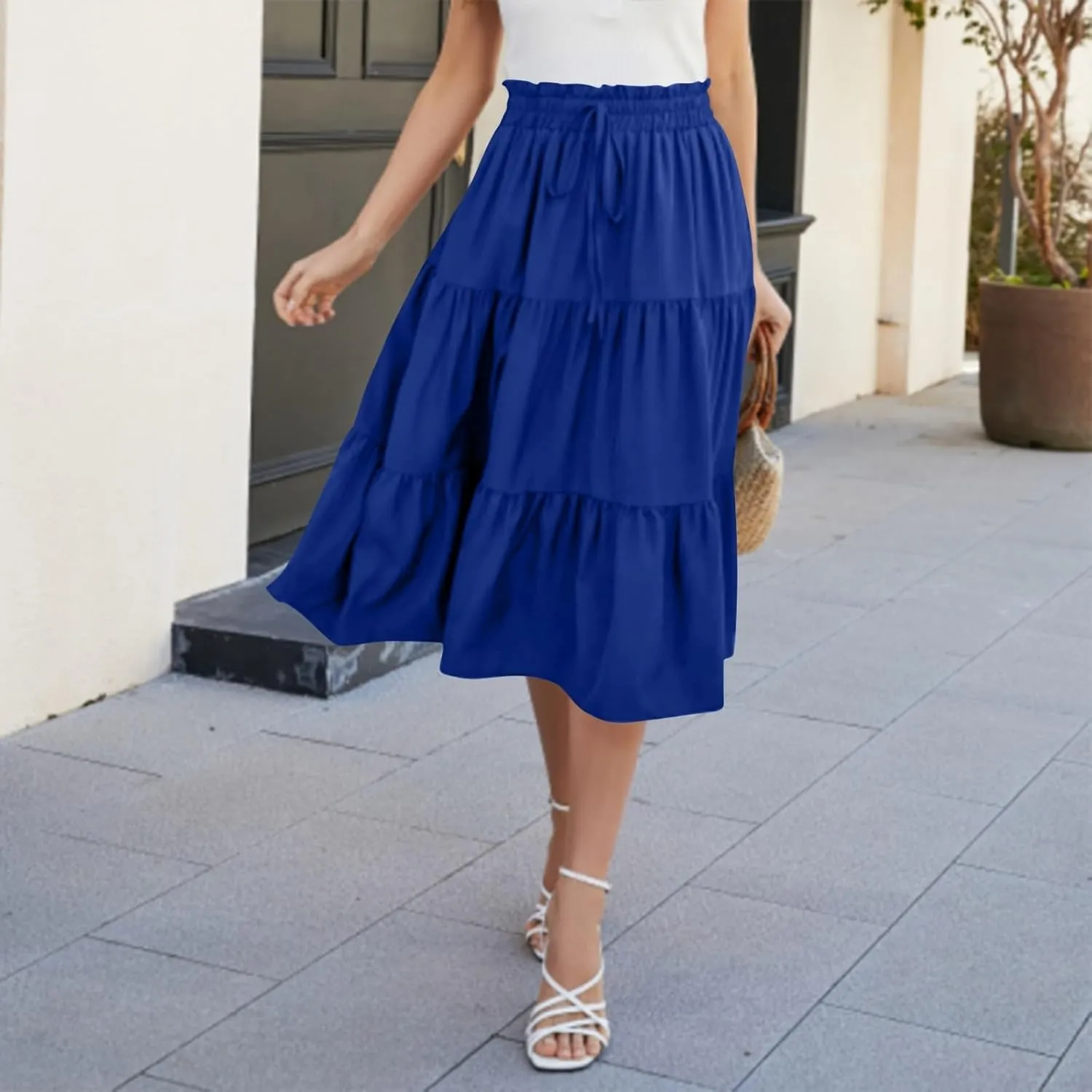 Womens Skirts Midi Length Floral Tiered Skirt Drawstring Summer Pleated Flowy Vacation A Line Skirt with Pockets