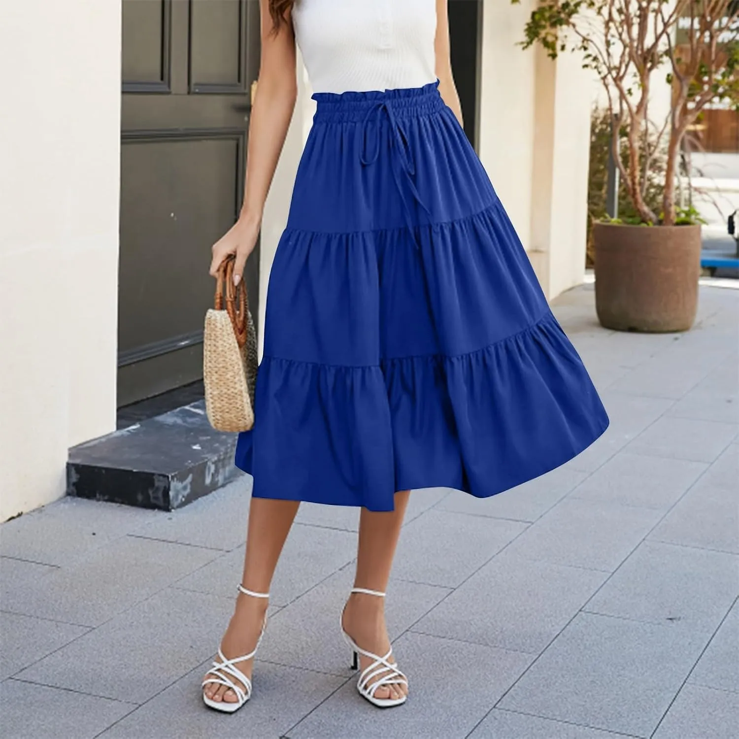 Womens Skirts Midi Length Floral Tiered Skirt Drawstring Summer Pleated Flowy Vacation A Line Skirt with Pockets
