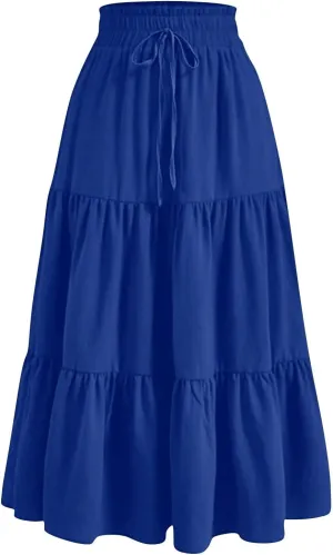 Womens Skirts Midi Length Floral Tiered Skirt Drawstring Summer Pleated Flowy Vacation A Line Skirt with Pockets