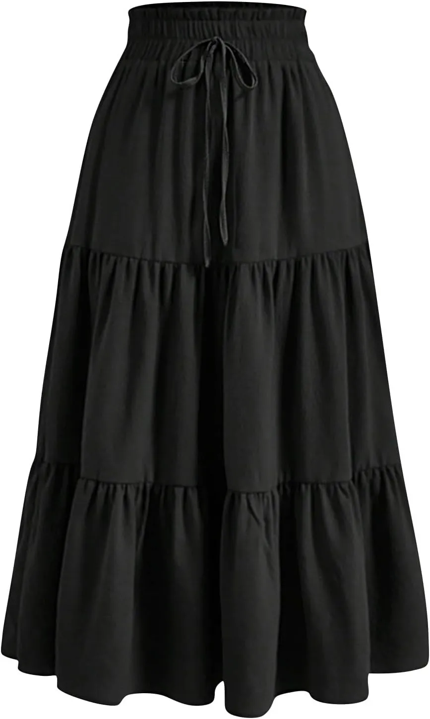 Womens Skirts Midi Length Floral Tiered Skirt Drawstring Summer Pleated Flowy Vacation A Line Skirt with Pockets