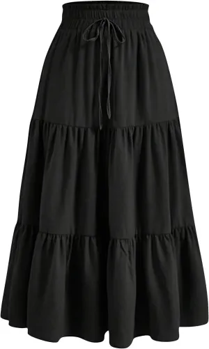 Womens Skirts Midi Length Floral Tiered Skirt Drawstring Summer Pleated Flowy Vacation A Line Skirt with Pockets