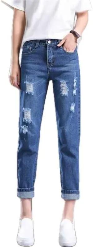 Womens Slim Fit Jeans Nine Point Length Denim Carrot Trousers Student All Match Pants Light Blue and Dark Blue