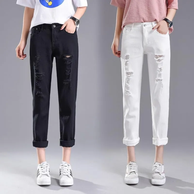 Womens Slim Fit Jeans Nine Point Length Denim Carrot Trousers Student All Match Pants Light Blue and Dark Blue