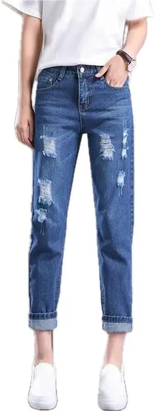 Womens Slim Fit Jeans Nine Point Length Denim Carrot Trousers Student All Match Pants Light Blue and Dark Blue