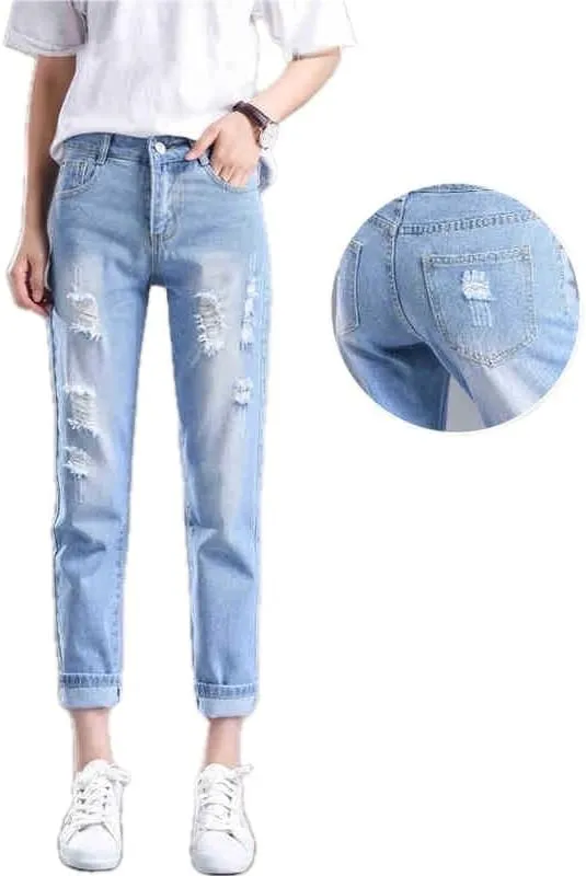 Womens Slim Fit Jeans Nine Point Length Denim Carrot Trousers Student All Match Pants Light Blue and Dark Blue