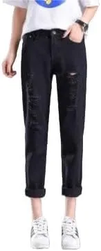 Womens Slim Fit Jeans Nine Point Length Denim Carrot Trousers Student All Match Pants Light Blue and Dark Blue