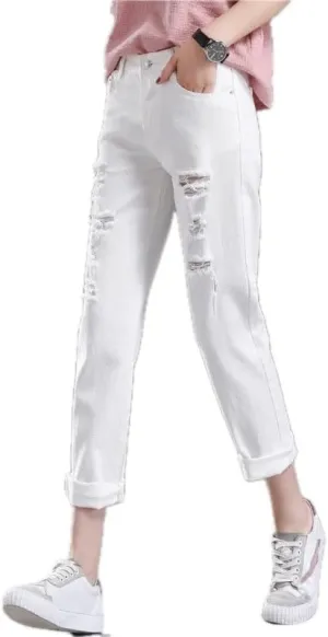 Womens Slim Fit Jeans Nine Point Length Denim Carrot Trousers Student All Match Pants Light Blue and Dark Blue