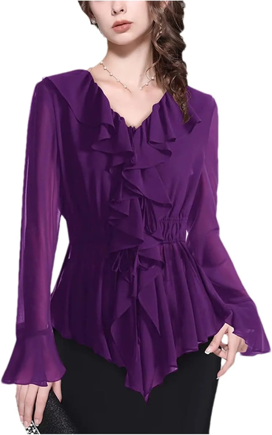 Women's Soild Long Sleeve V-Neck Ruffled Blouse Tops Elegant Slim Elastic Waist Fashion Casual Shirts
