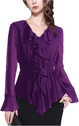 Women's Soild Long Sleeve V-Neck Ruffled Blouse Tops Elegant Slim Elastic Waist Fashion Casual Shirts