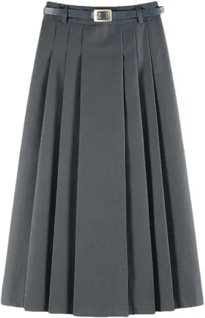 Women's Solid Pleated Long Skirt Spring Autumn Fashion High Waist Slim A-Line Skirts