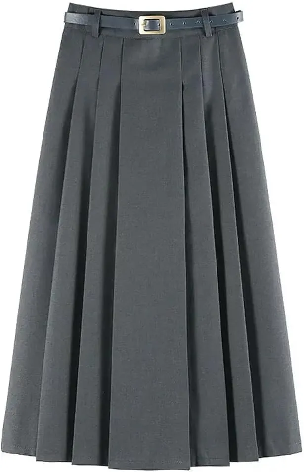 Women's Solid Pleated Long Skirt Spring Autumn Fashion High Waist Slim A-Line Skirts