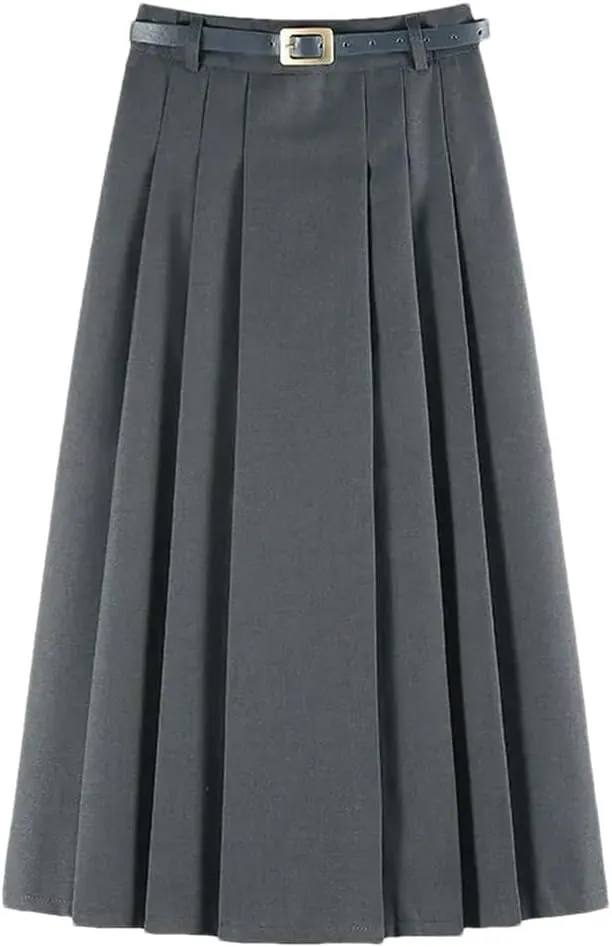 Women's Solid Pleated Long Skirt Spring Autumn Fashion High Waist Slim A-Line Skirts