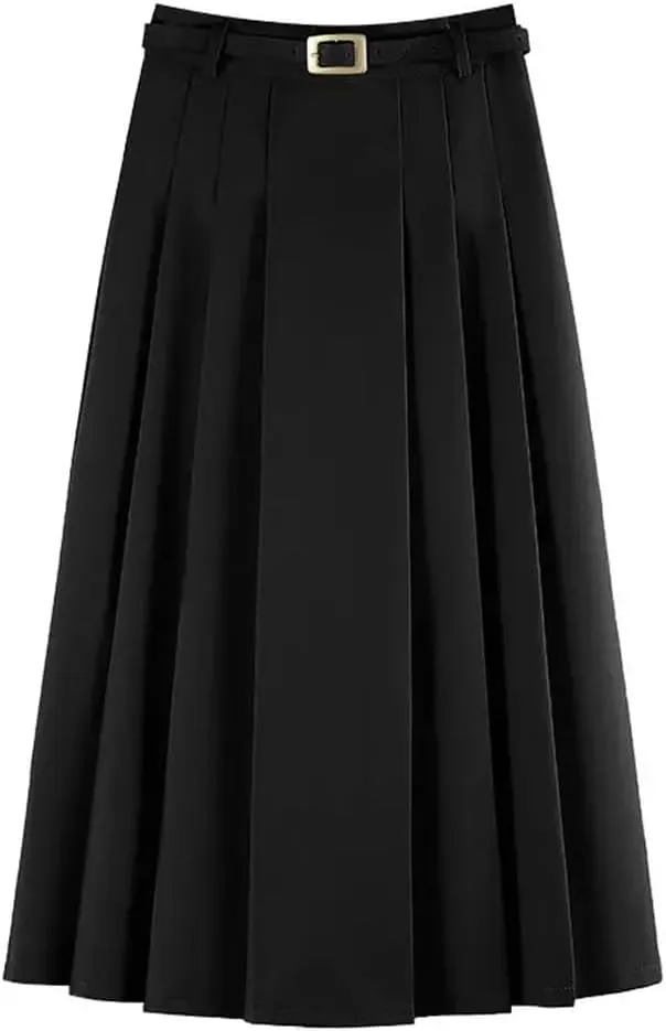 Women's Solid Pleated Long Skirt Spring Autumn Fashion High Waist Slim A-Line Skirts