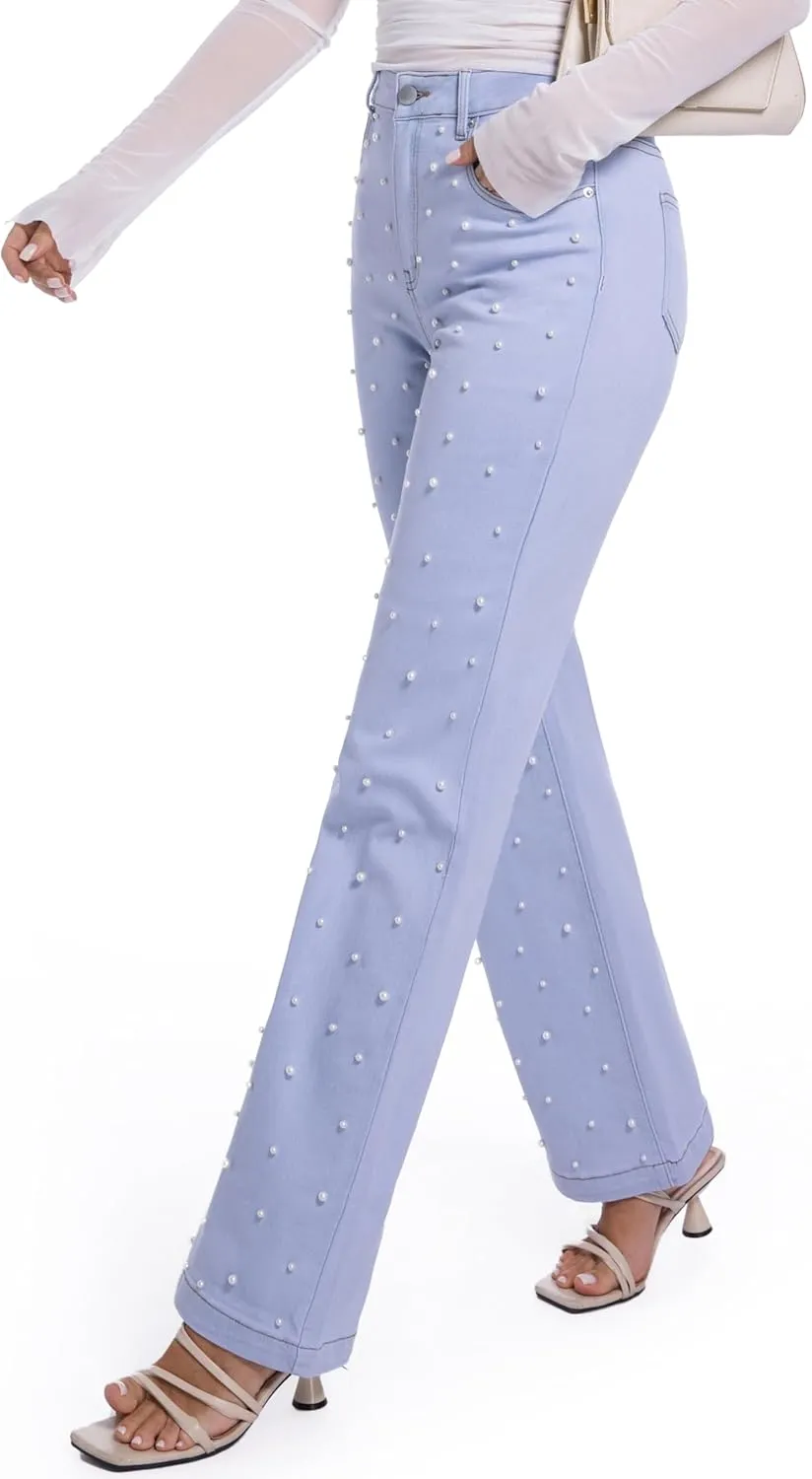 Women's Straight Jeans Pearl High Waisted Stretch Cotton Cute Jeans for Womens Trendy