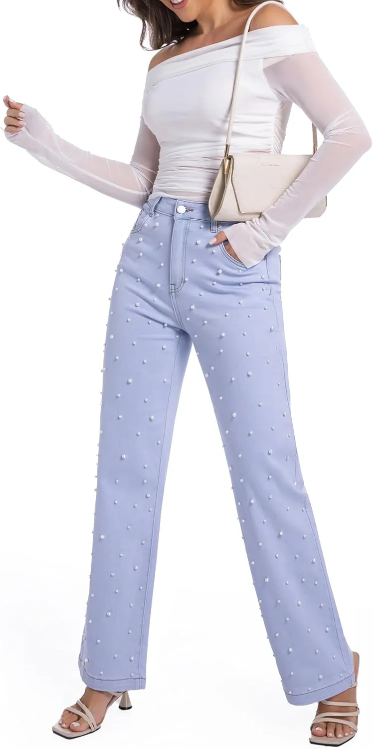 Women's Straight Jeans Pearl High Waisted Stretch Cotton Cute Jeans for Womens Trendy