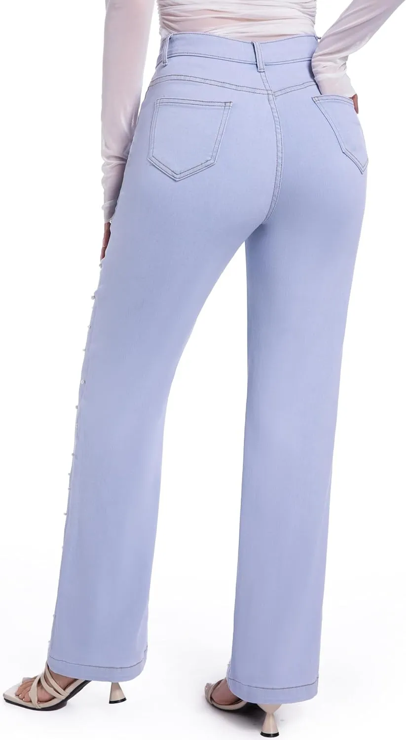 Women's Straight Jeans Pearl High Waisted Stretch Cotton Cute Jeans for Womens Trendy