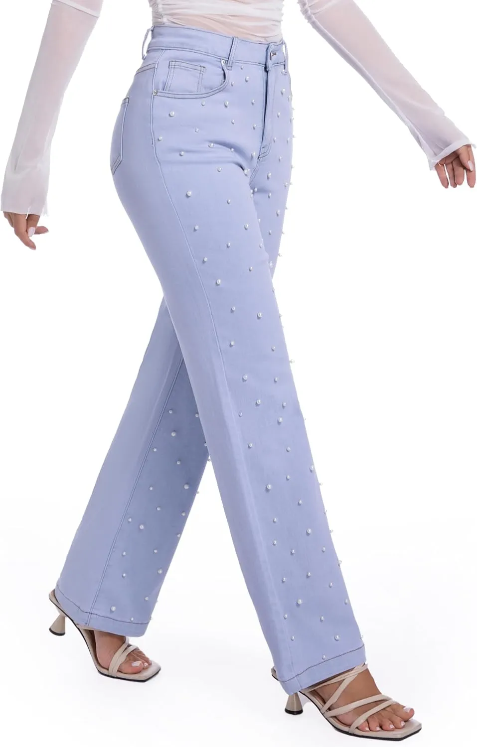 Women's Straight Jeans Pearl High Waisted Stretch Cotton Cute Jeans for Womens Trendy