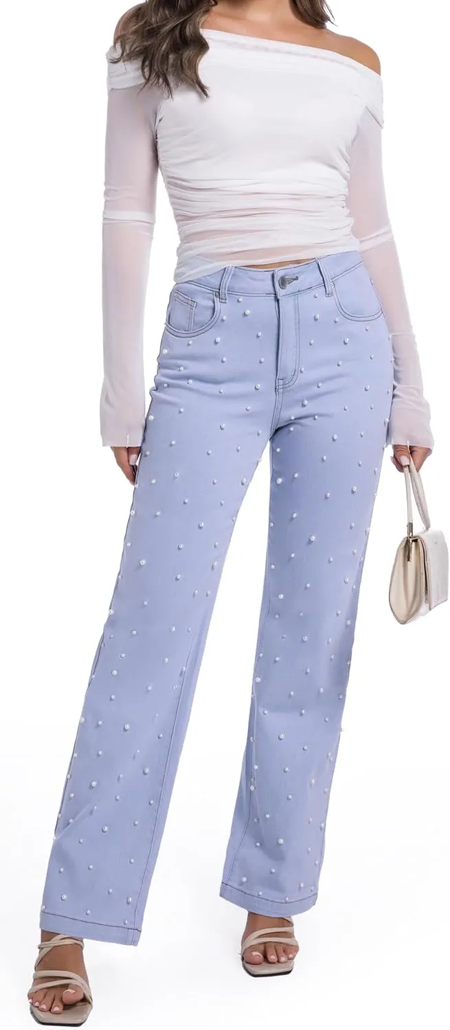 Women's Straight Jeans Pearl High Waisted Stretch Cotton Cute Jeans for Womens Trendy
