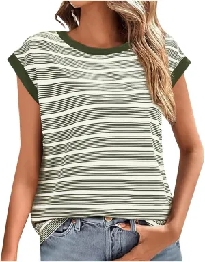 Women's Striped Knit Summer Tank Tops, Fashion Loose Cap Sleeve Casual Shirts Going Out Trendy Clothes
