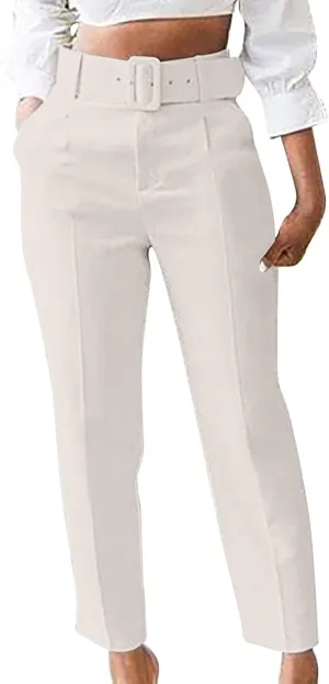 Womens Suit Pants Casual Stretch Loose Fit Straight Belted Waisted Business Suit Pants Fashion Work Office Trousers