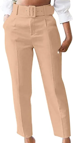 Womens Suit Pants Casual Stretch Loose Fit Straight Belted Waisted Business Suit Pants Fashion Work Office Trousers