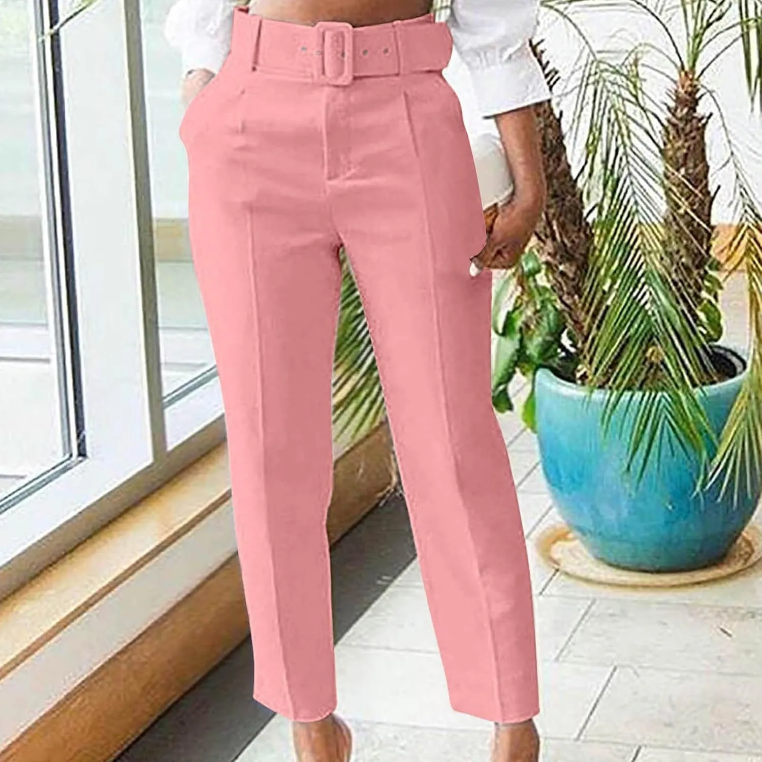 Womens Suit Pants Casual Stretch Loose Fit Straight Belted Waisted Business Suit Pants Fashion Work Office Trousers