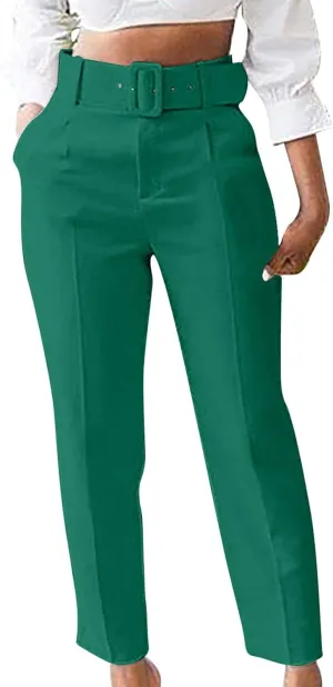 Womens Suit Pants Casual Stretch Loose Fit Straight Belted Waisted Business Suit Pants Fashion Work Office Trousers