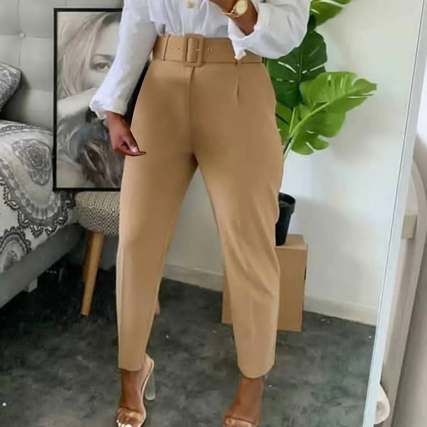 Womens Suit Pants Casual Stretch Loose Fit Straight Belted Waisted Business Suit Pants Fashion Work Office Trousers