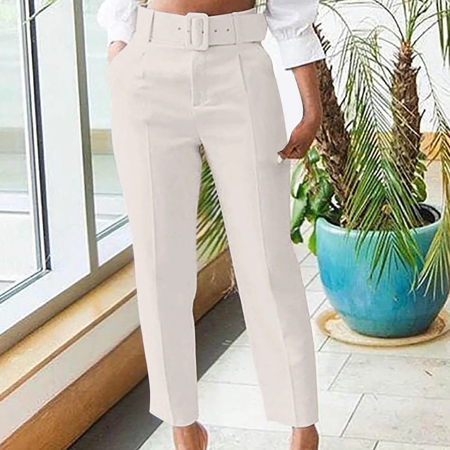 Womens Suit Pants Casual Stretch Loose Fit Straight Belted Waisted Business Suit Pants Fashion Work Office Trousers
