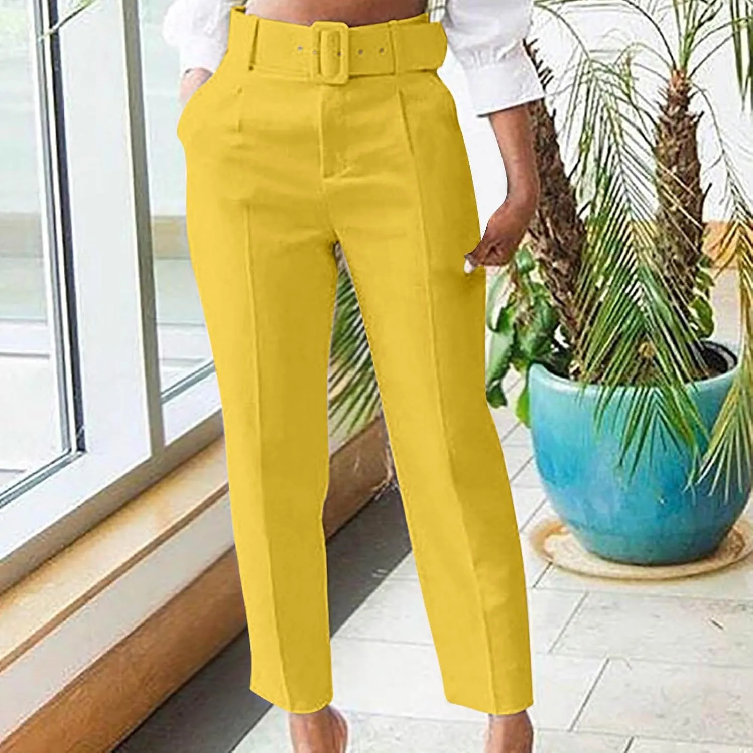 Womens Suit Pants Casual Stretch Loose Fit Straight Belted Waisted Business Suit Pants Fashion Work Office Trousers