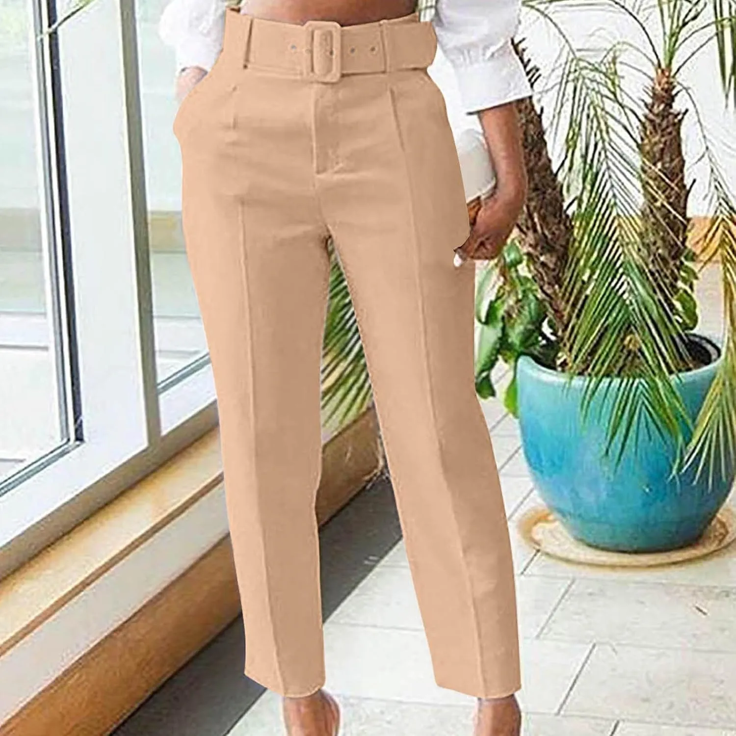 Womens Suit Pants Casual Stretch Loose Fit Straight Belted Waisted Business Suit Pants Fashion Work Office Trousers